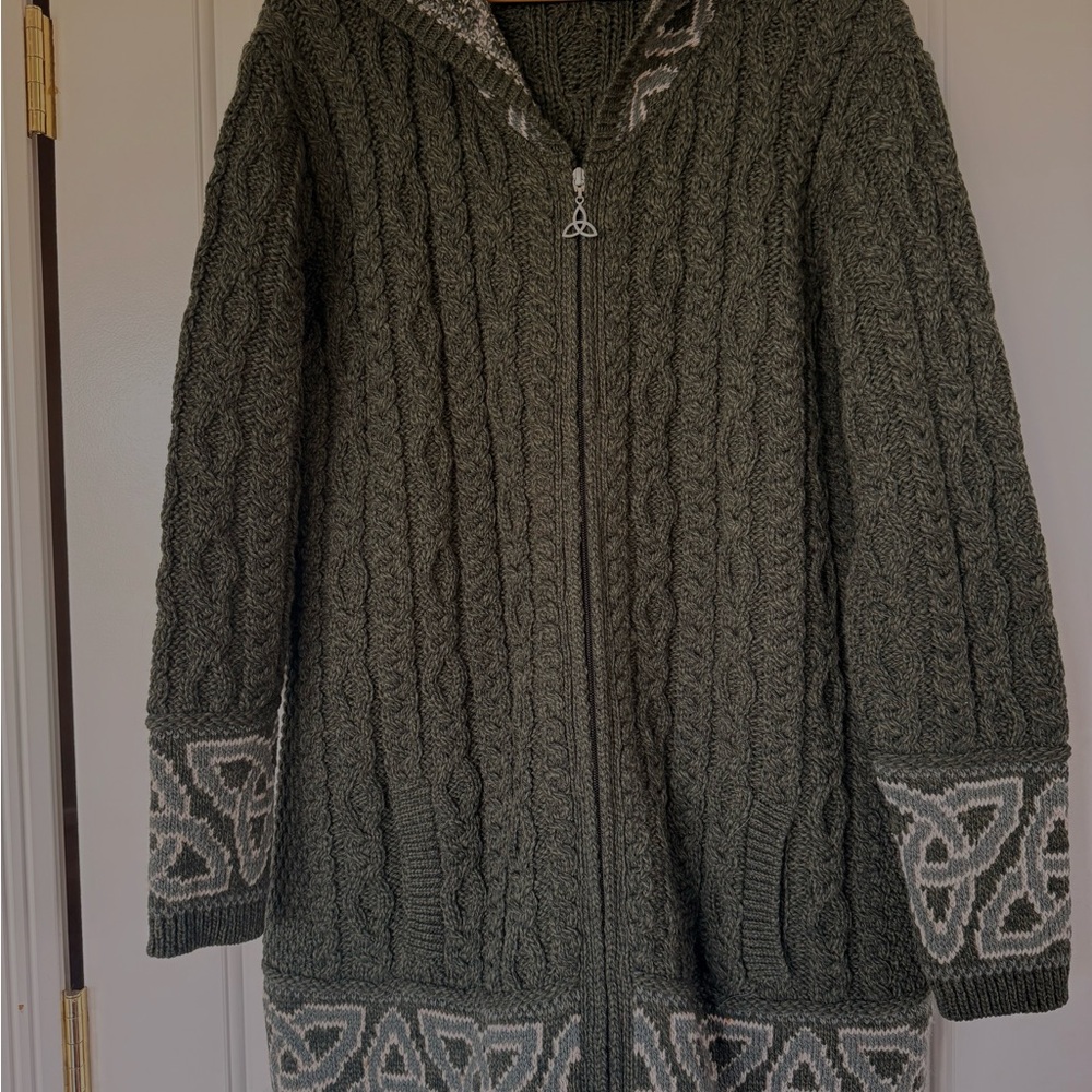 Aran Crafts Olive and Cream Cable Knit Cardigan